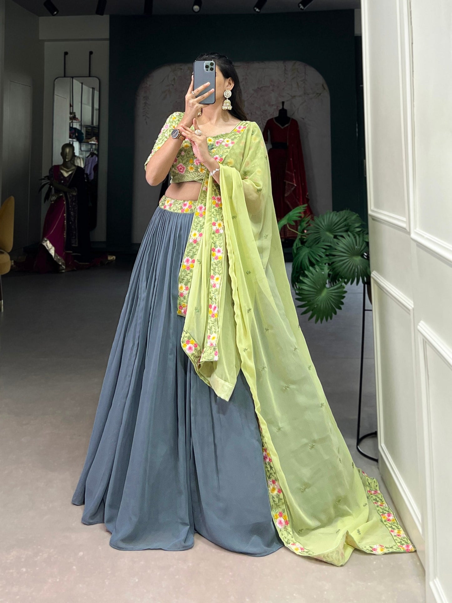 Gray and Pista Bridesmaid Georgette Lehenga Choli