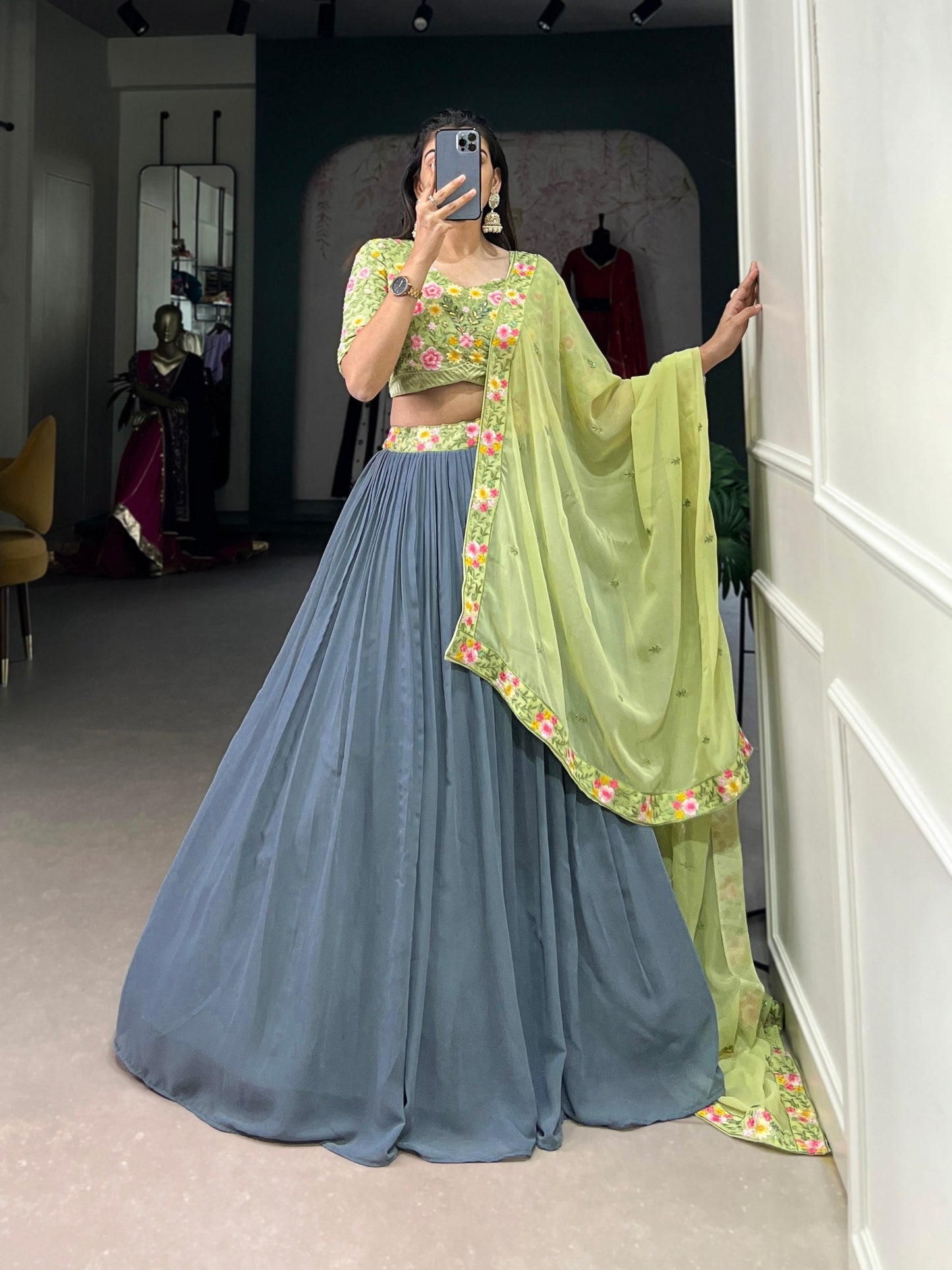 Gray and Pista Bridesmaid Georgette Lehenga Choli