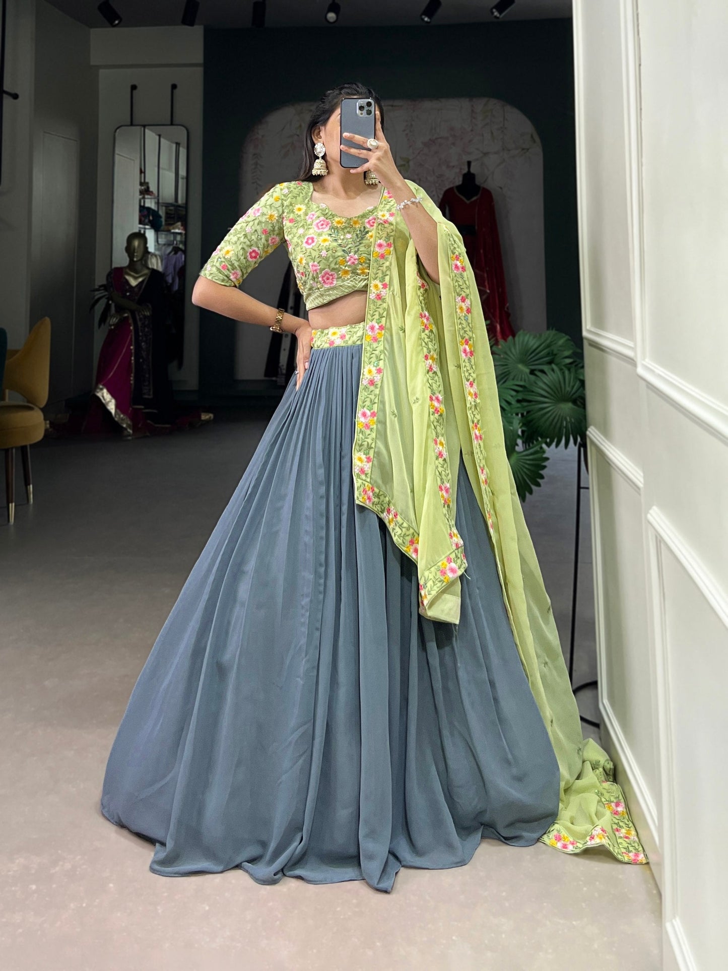 Gray and Pista Bridesmaid Georgette Lehenga Choli