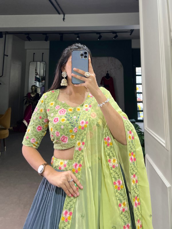 Gray and Pista Bridesmaid Georgette Lehenga Choli
