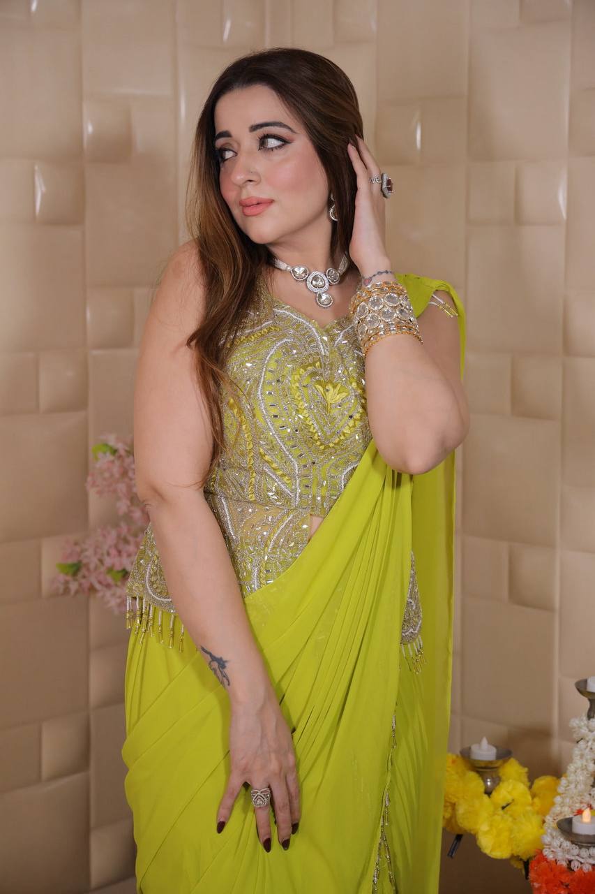 Diya Lime Shine Festive Glamour Green Draped Saree