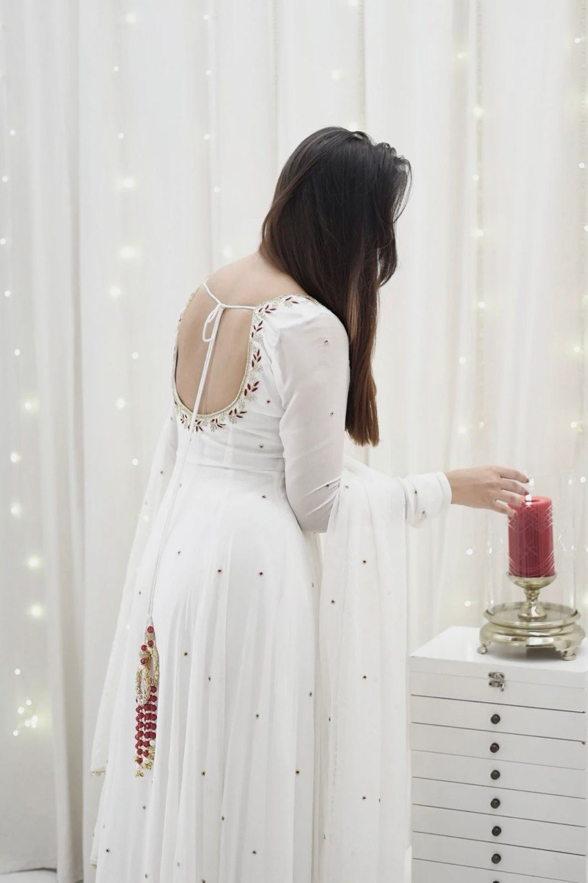 Tishya Beautiful Designer Hand work White Anarkali Set