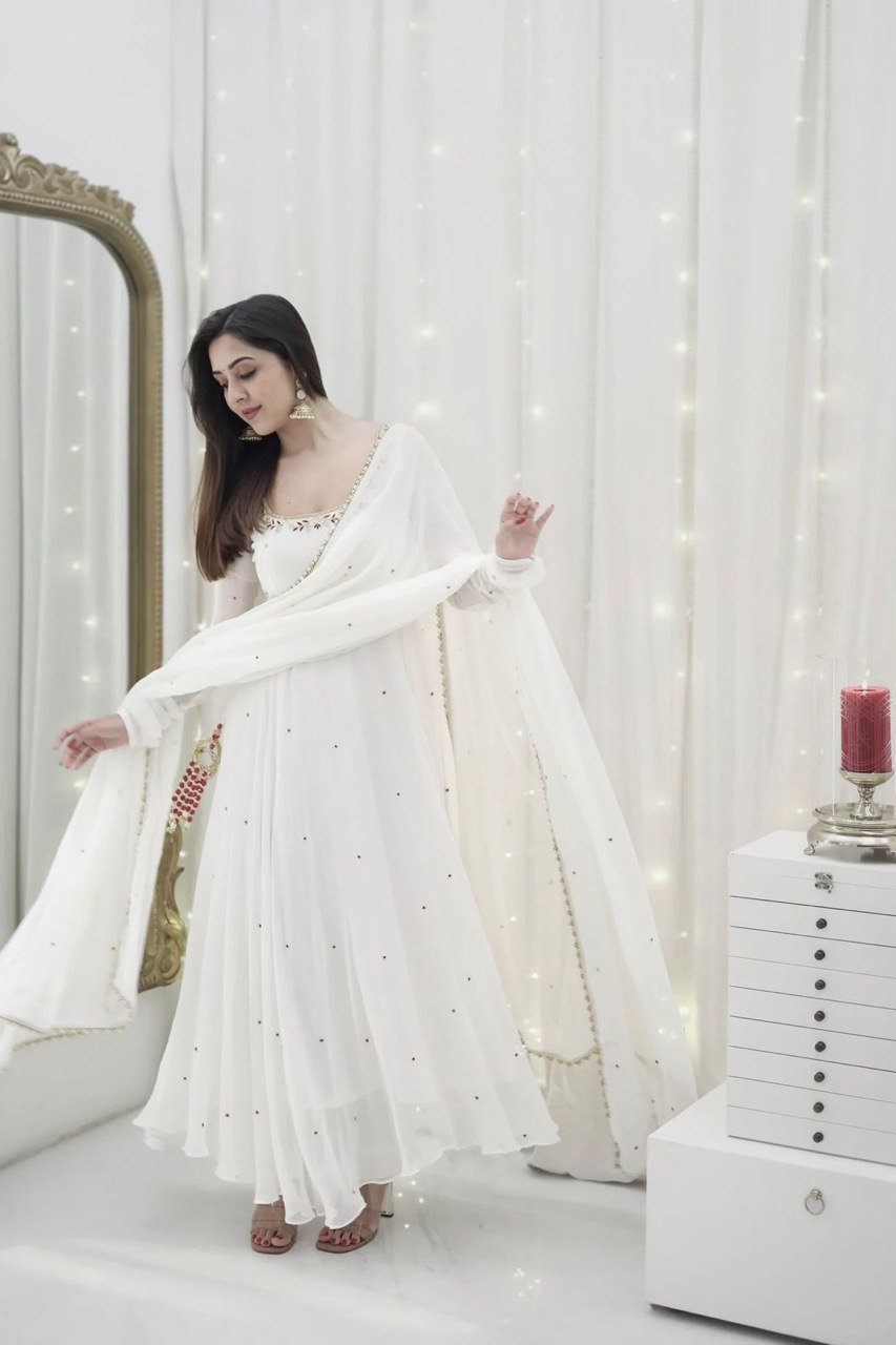 Tishya Beautiful Designer Hand work White Anarkali Set