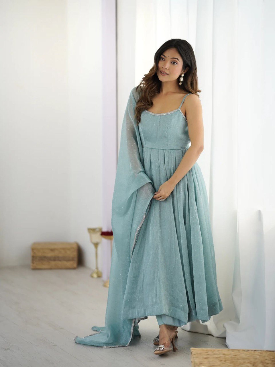 Aarvi Mist Crunch silk Beautiful Pastel Blue Anarkali Set