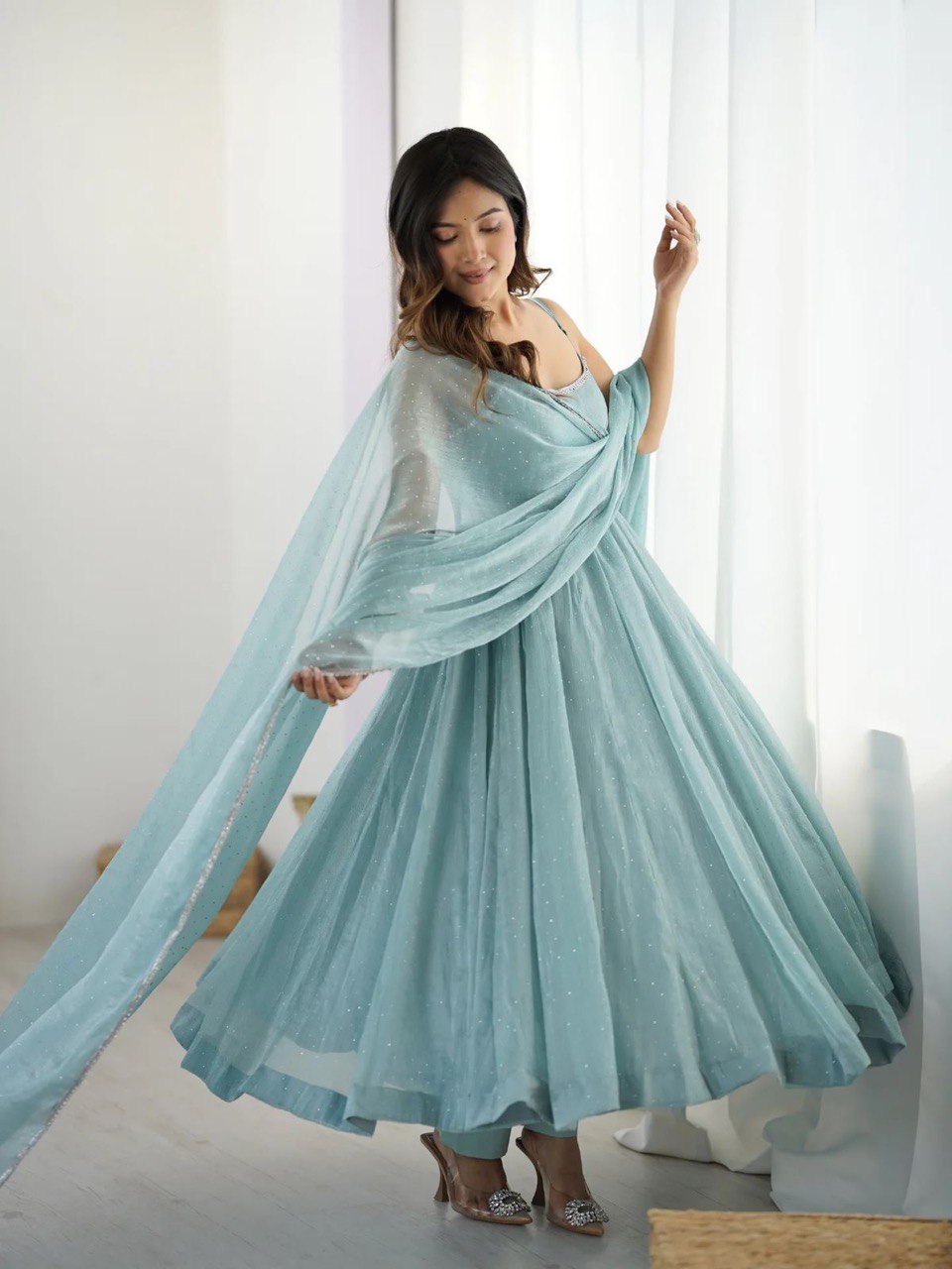 Aarvi Mist Crunch silk Beautiful Pastel Blue Anarkali Set