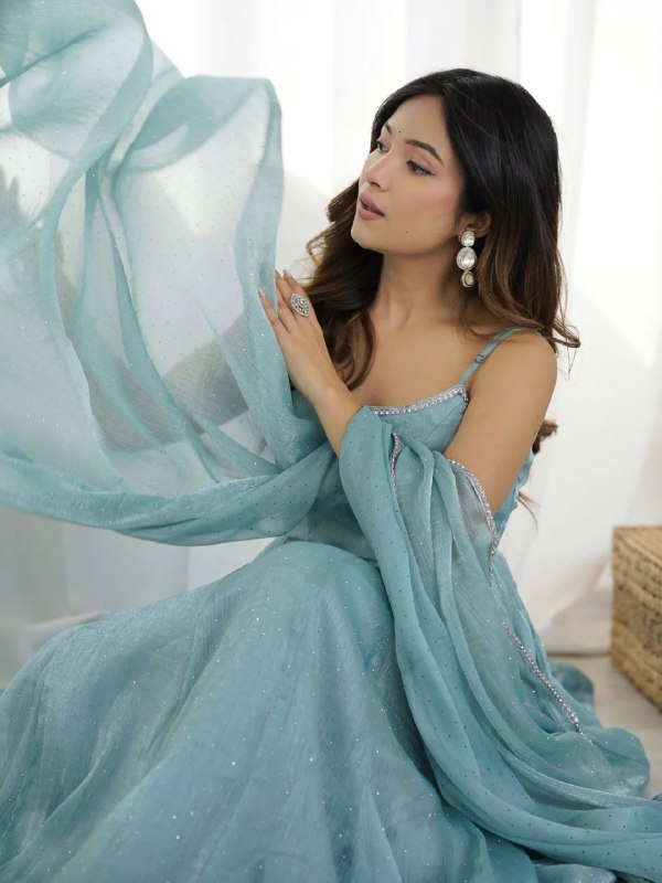 Aarvi Mist Crunch silk Beautiful Pastel Blue Anarkali Set