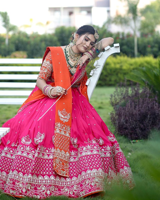Radha Blush Embroidered Rani Lehenga with Saffron Dupatta