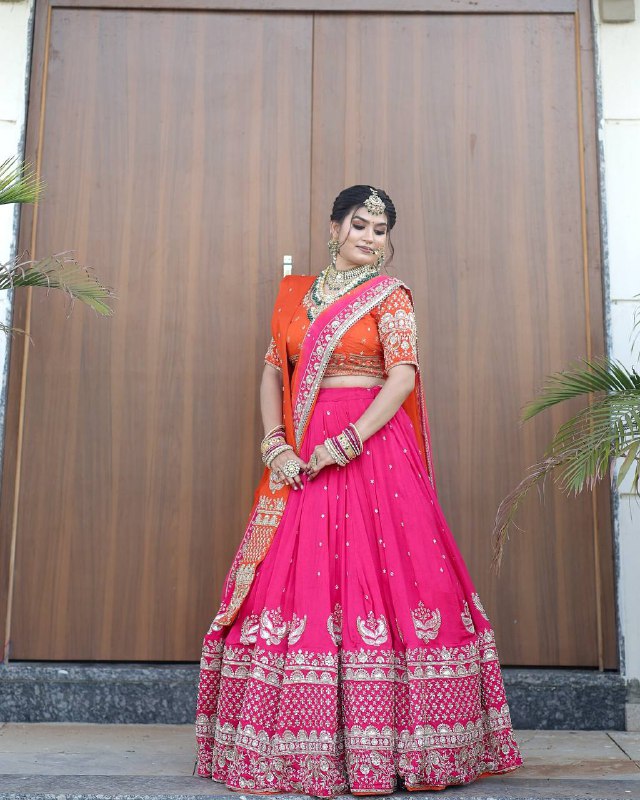Radha Blush Embroidered Rani Lehenga with Saffron Dupatta