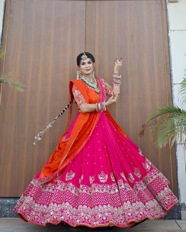 Radha Blush Embroidered Rani Lehenga with Saffron Dupatta