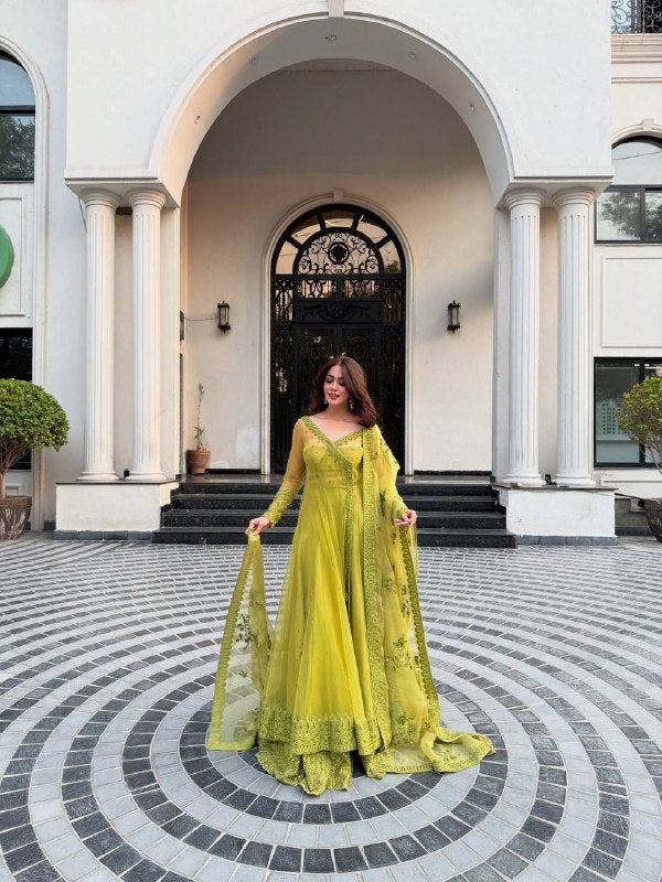 Lime Elegance Embroidered Net Kediya style Anarkali Set