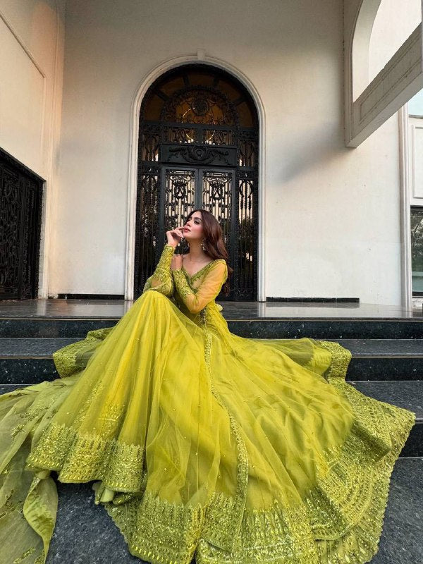 Lime Elegance Embroidered Net Kediya style Anarkali Set