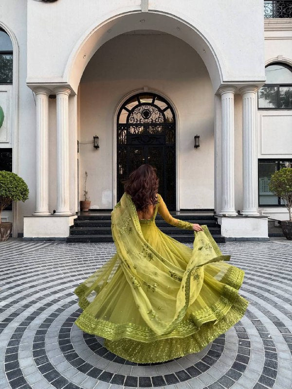 Lime Elegance Embroidered Net Kediya style Anarkali Set