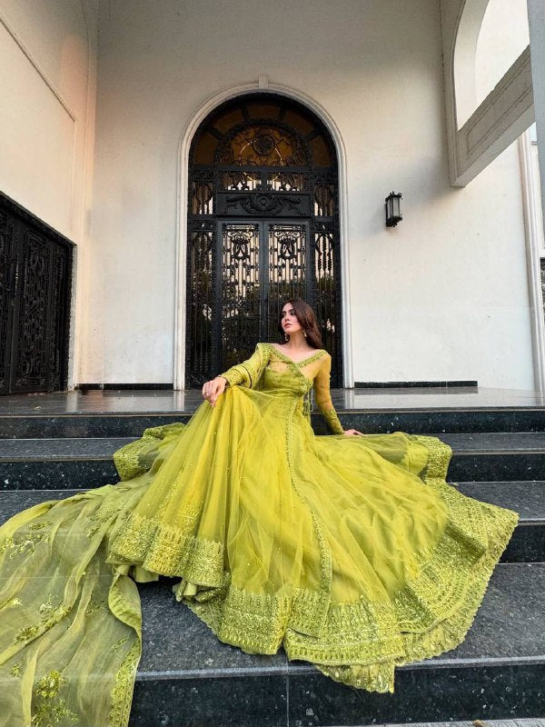 Lime Elegance Embroidered Net Kediya style Anarkali Set