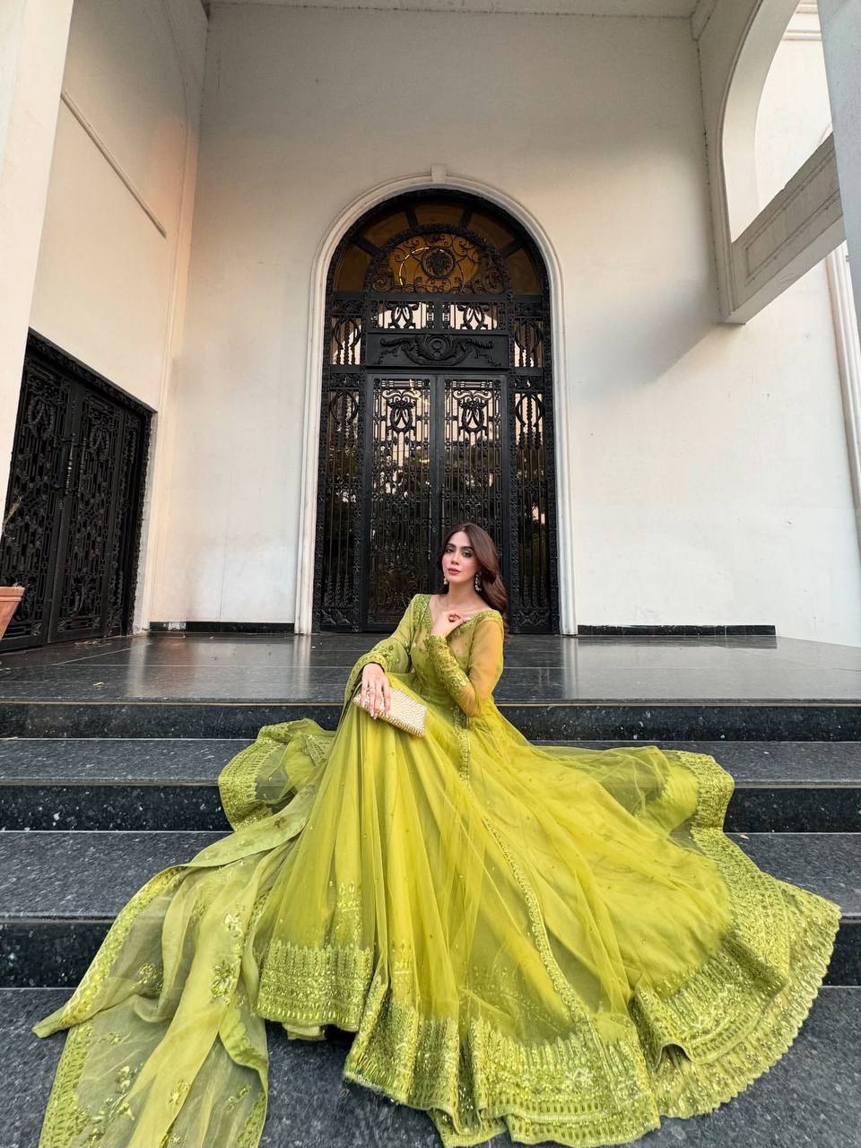 Lime Elegance Embroidered Net Kediya style Anarkali Set