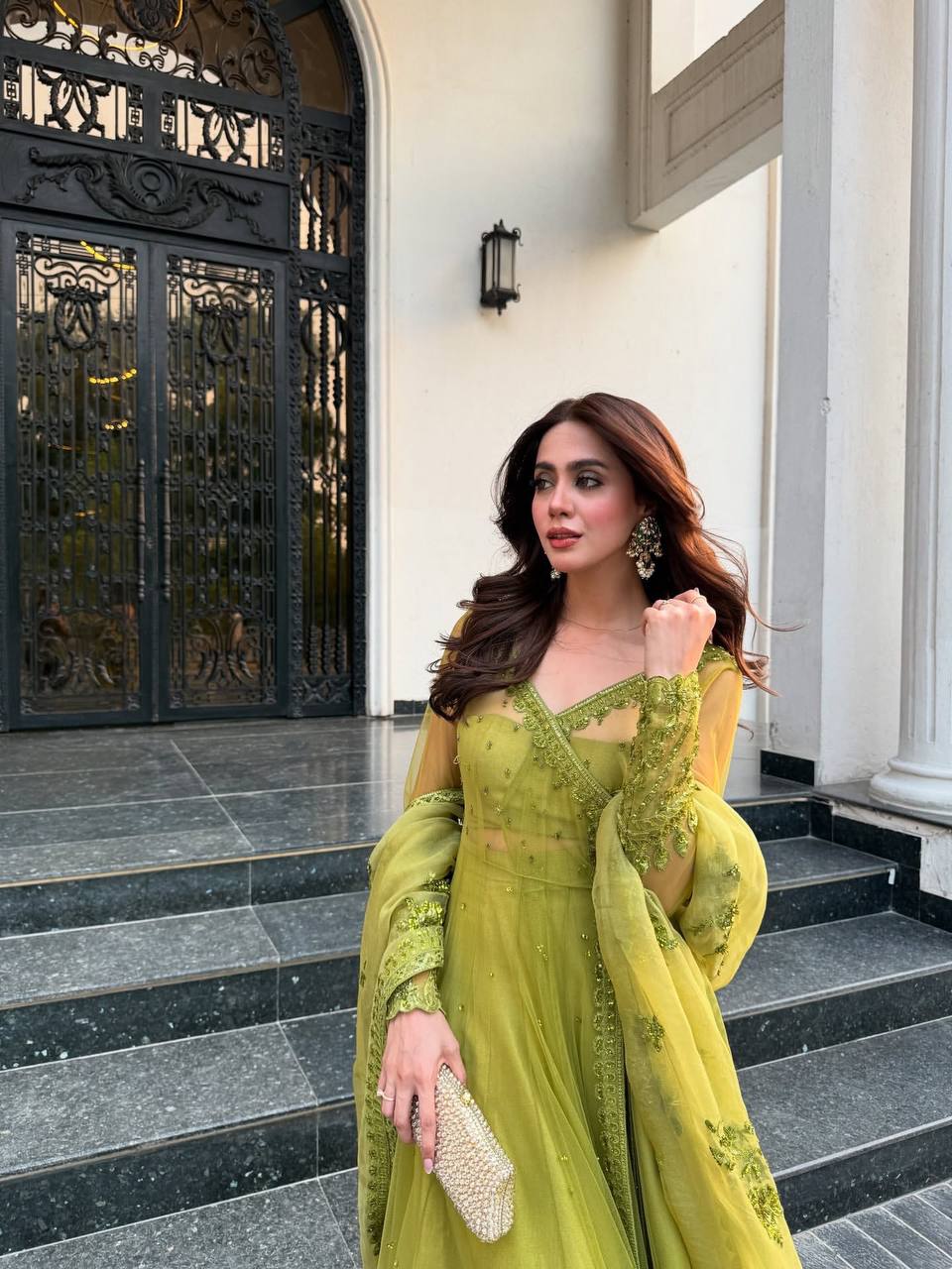 Lime Elegance Embroidered Net Kediya style Anarkali Set