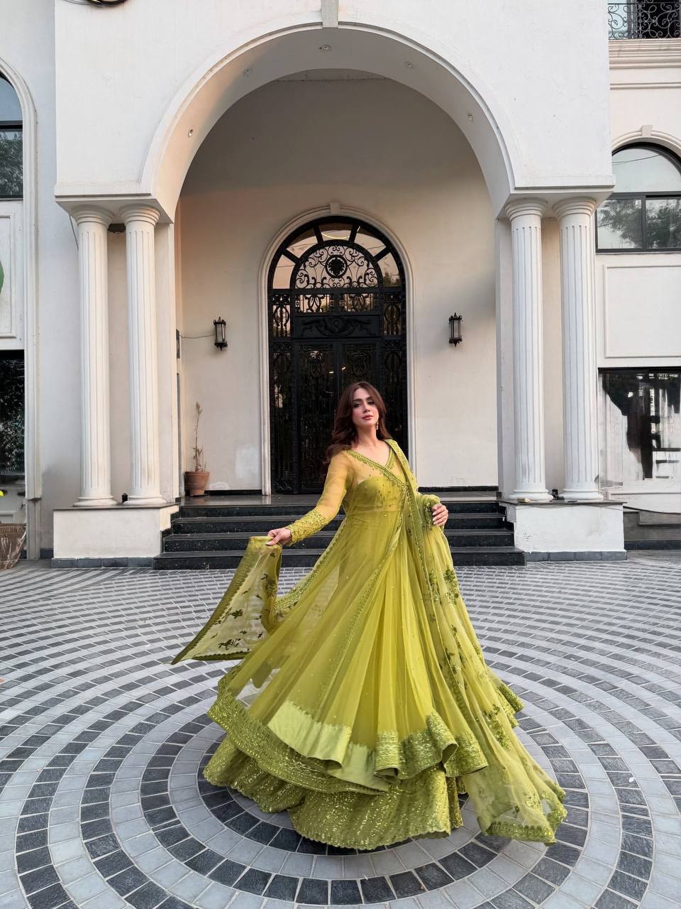 Lime Elegance Embroidered Net Kediya style Anarkali Set