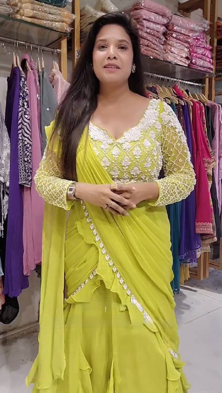 ZestGlow Lime Yellow Long Sleeves Ruffle Lehenga Saree