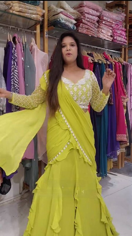 ZestGlow Lime Yellow Long Sleeves Ruffle Lehenga Saree
