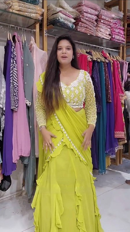 ZestGlow Lime Yellow Long Sleeves Ruffle Lehenga Saree