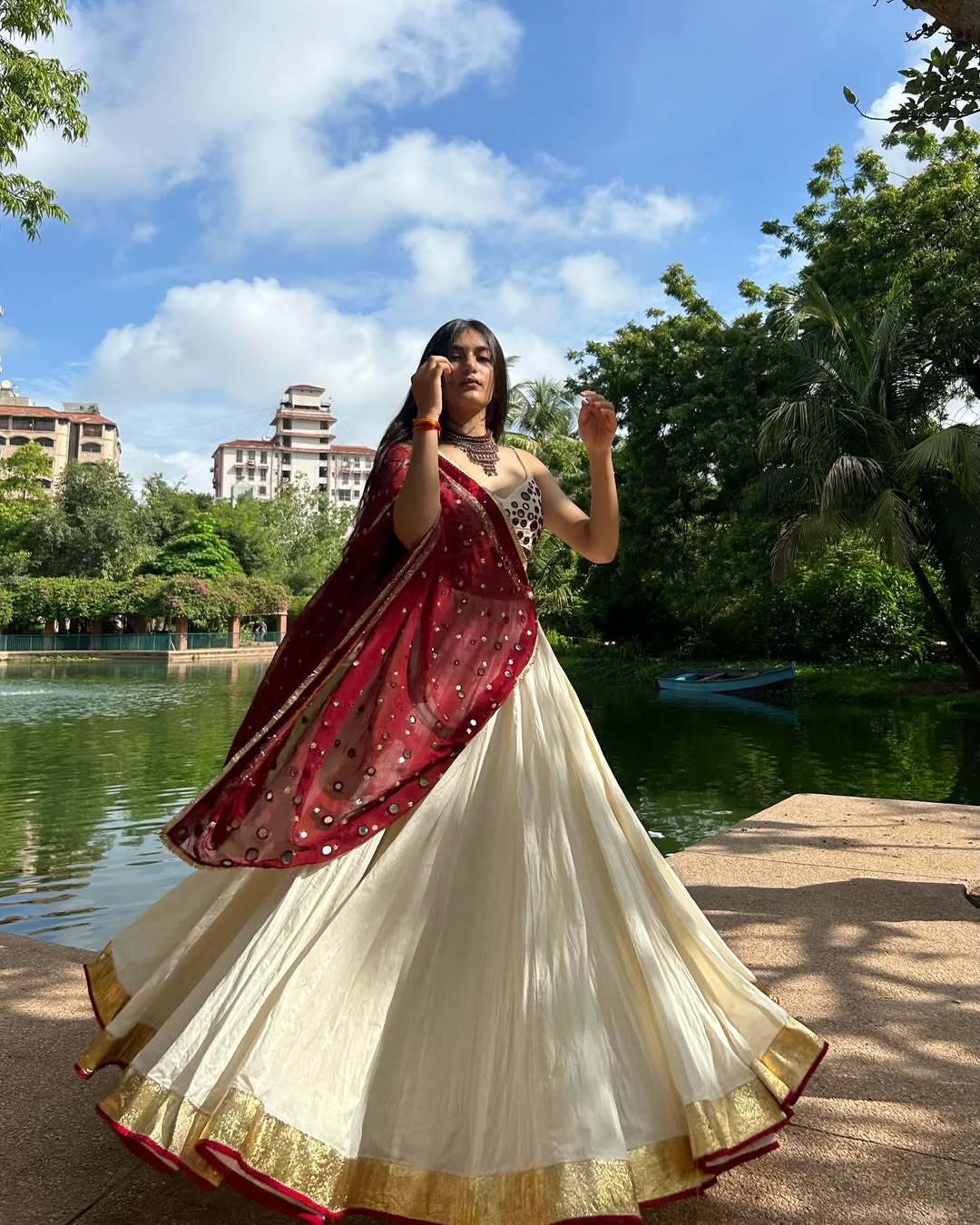 Aarohi Grace Cream & Maroon Mirror Work Lehenga choli