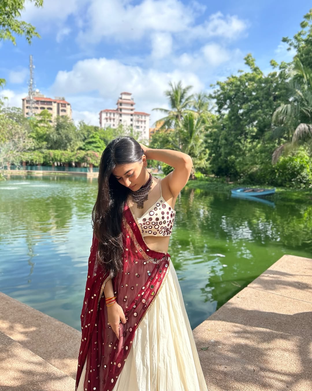 Aarohi Grace Cream & Maroon Mirror Work Lehenga choli