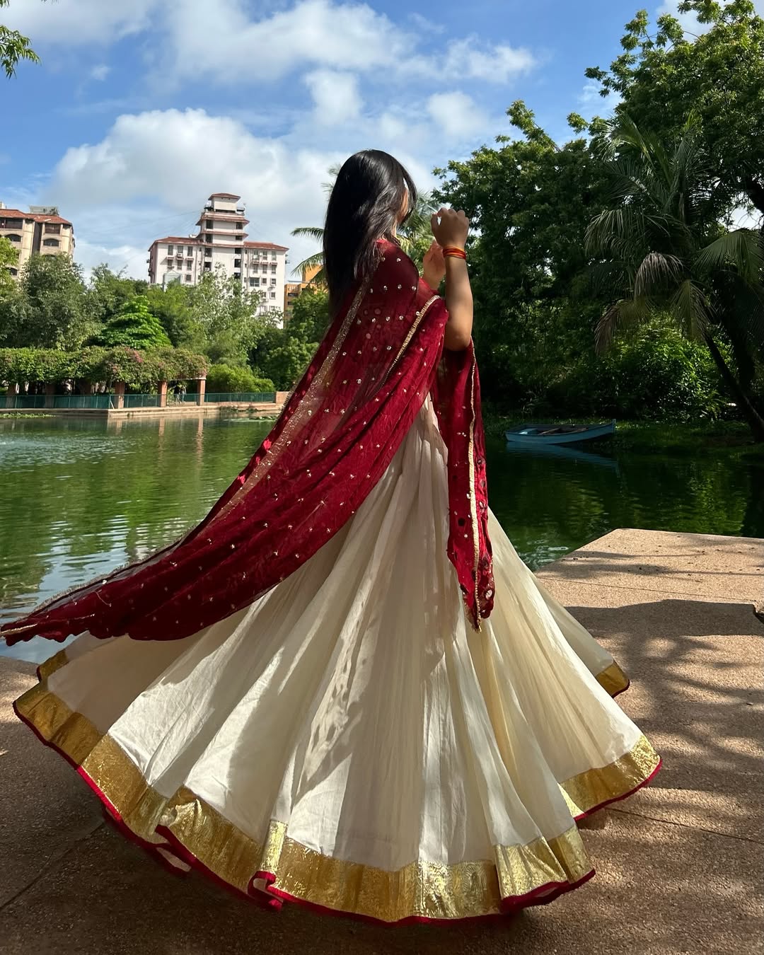 Aarohi Grace Cream & Maroon Mirror Work Lehenga choli
