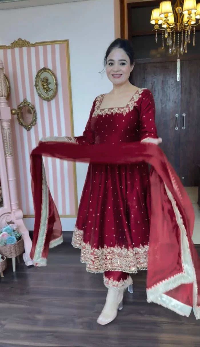 Saanvi in Gulzaar Maroon Magic Royal Ruby Anarkali