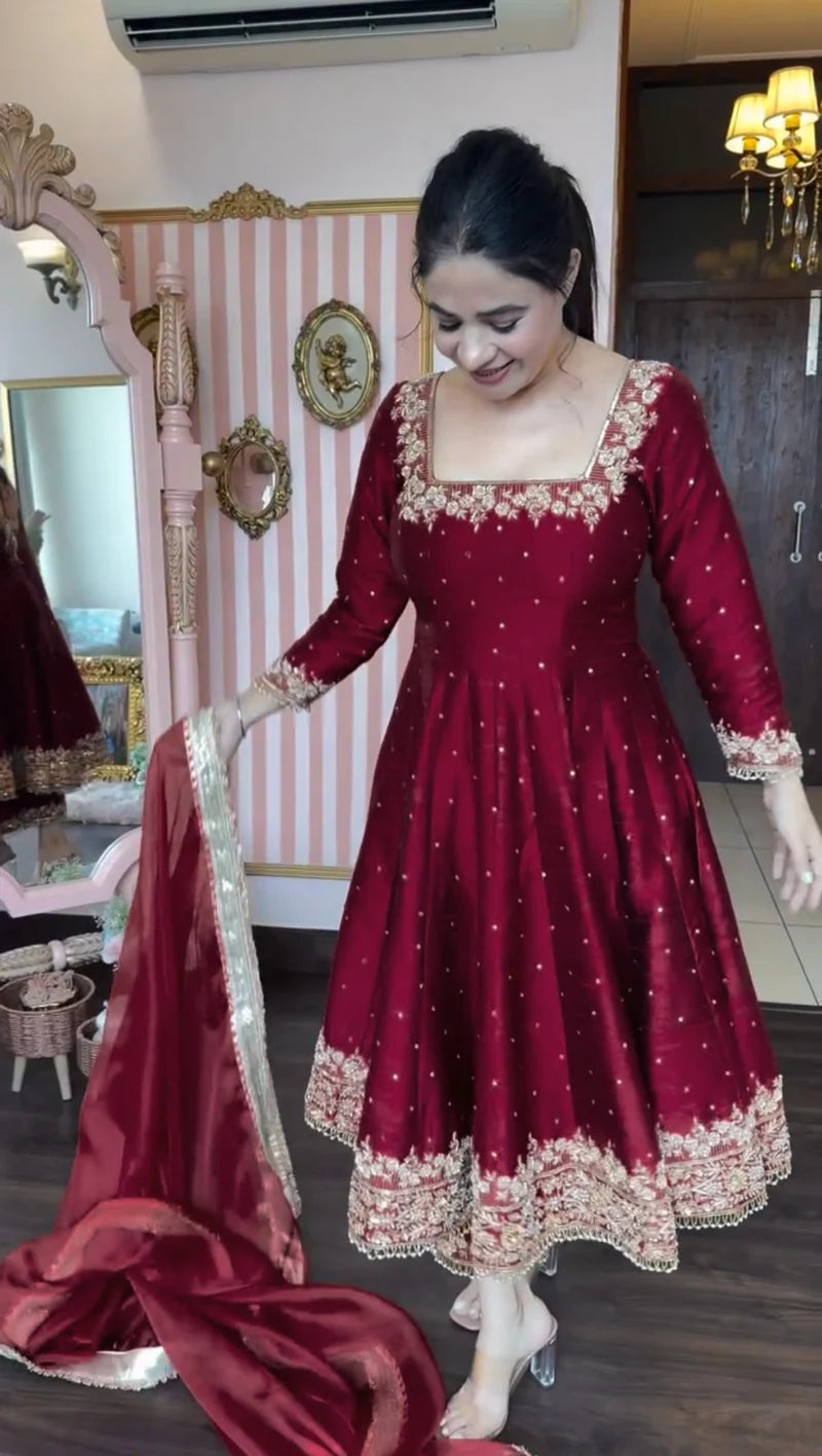 Saanvi in Gulzaar Maroon Magic Royal Ruby Anarkali