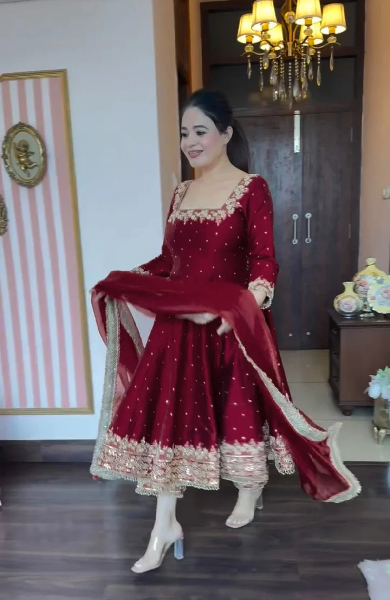 Saanvi in Gulzaar Maroon Magic Royal Ruby Anarkali