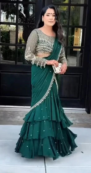 Azael green Ruffle saree With Embellished Blouse