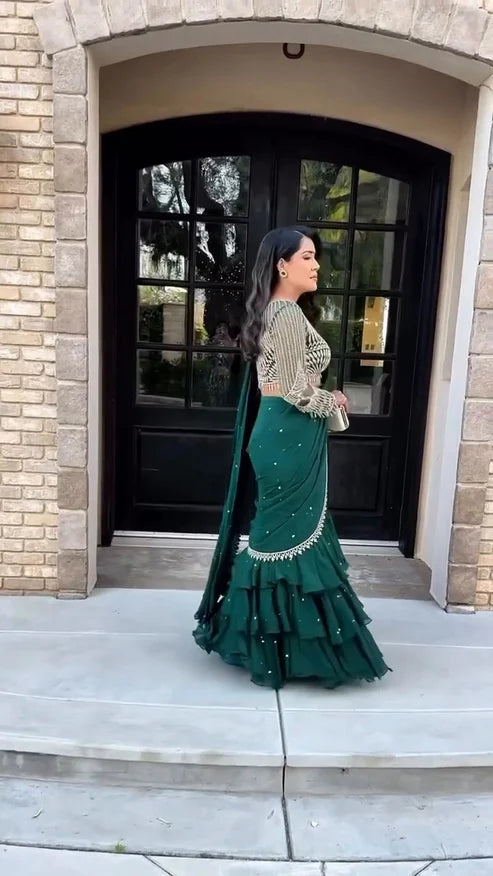 Azael green Ruffle saree With Embellished Blouse