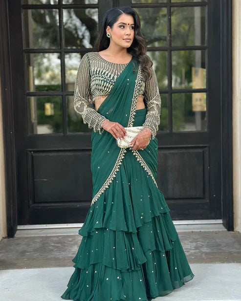 Azael green Ruffle saree With Embellished Blouse