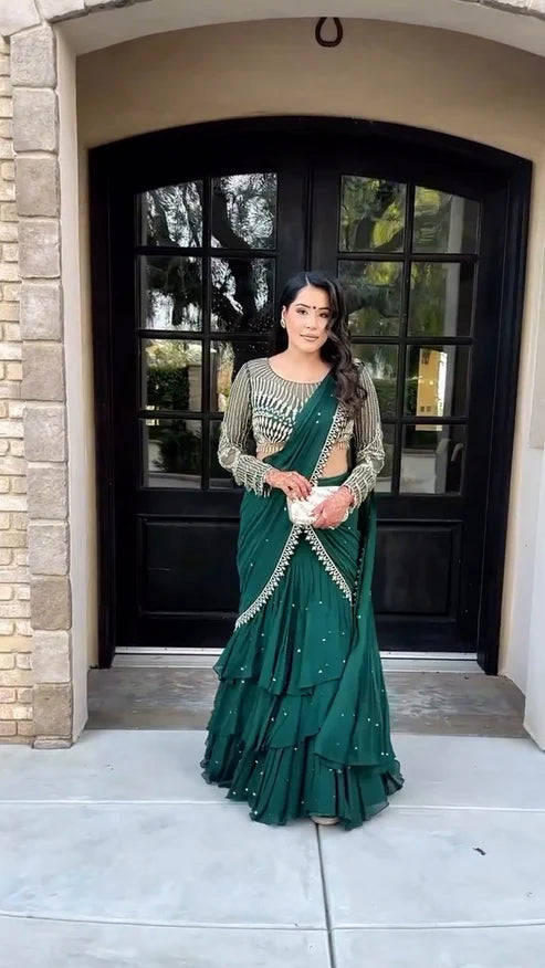 Azael green Ruffle saree With Embellished Blouse