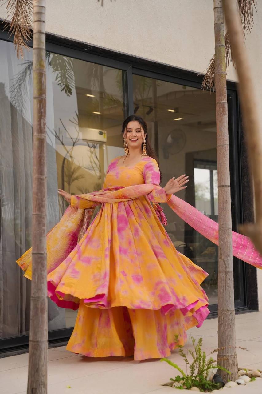Aarohi Multicolor Anarkali Suit in Pink And Yellow with Heavy Dupatta
