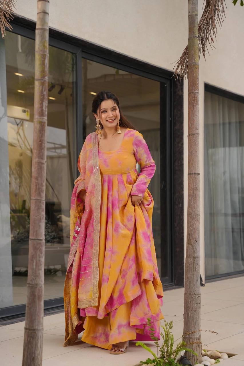 Aarohi Multicolor Anarkali Suit in Pink And Yellow with Heavy Dupatta