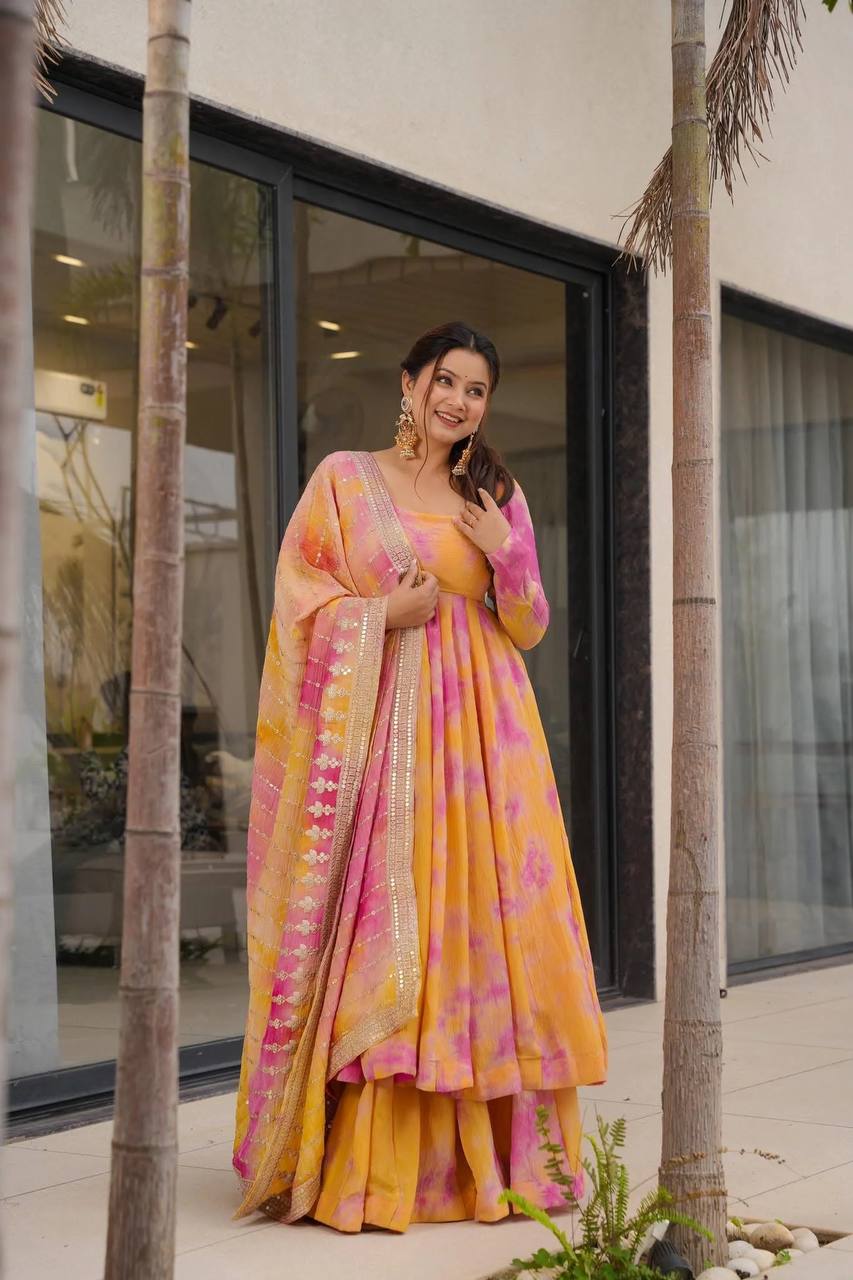 Aarohi Multicolor Anarkali Suit in Pink And Yellow with Heavy Dupatta