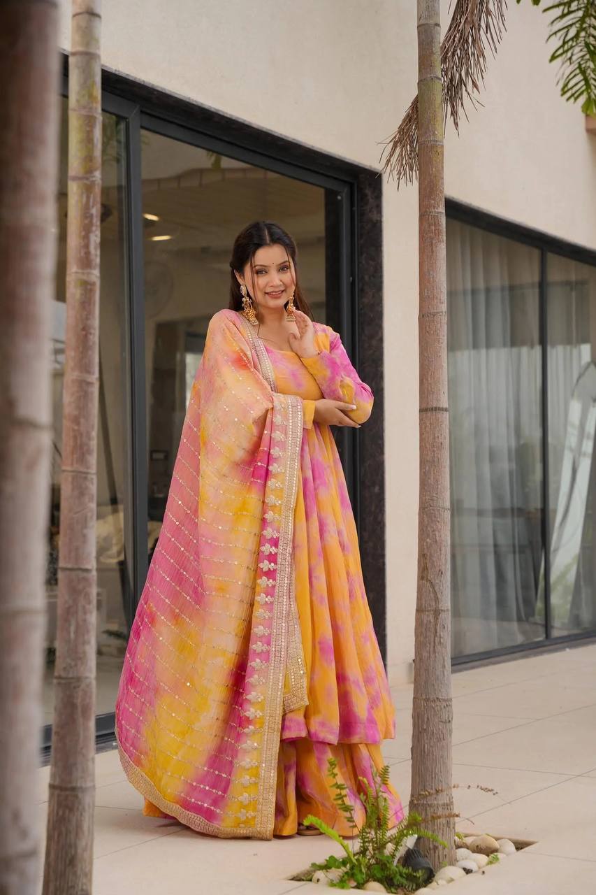 Aarohi Multicolor Anarkali Suit in Pink And Yellow with Heavy Dupatta
