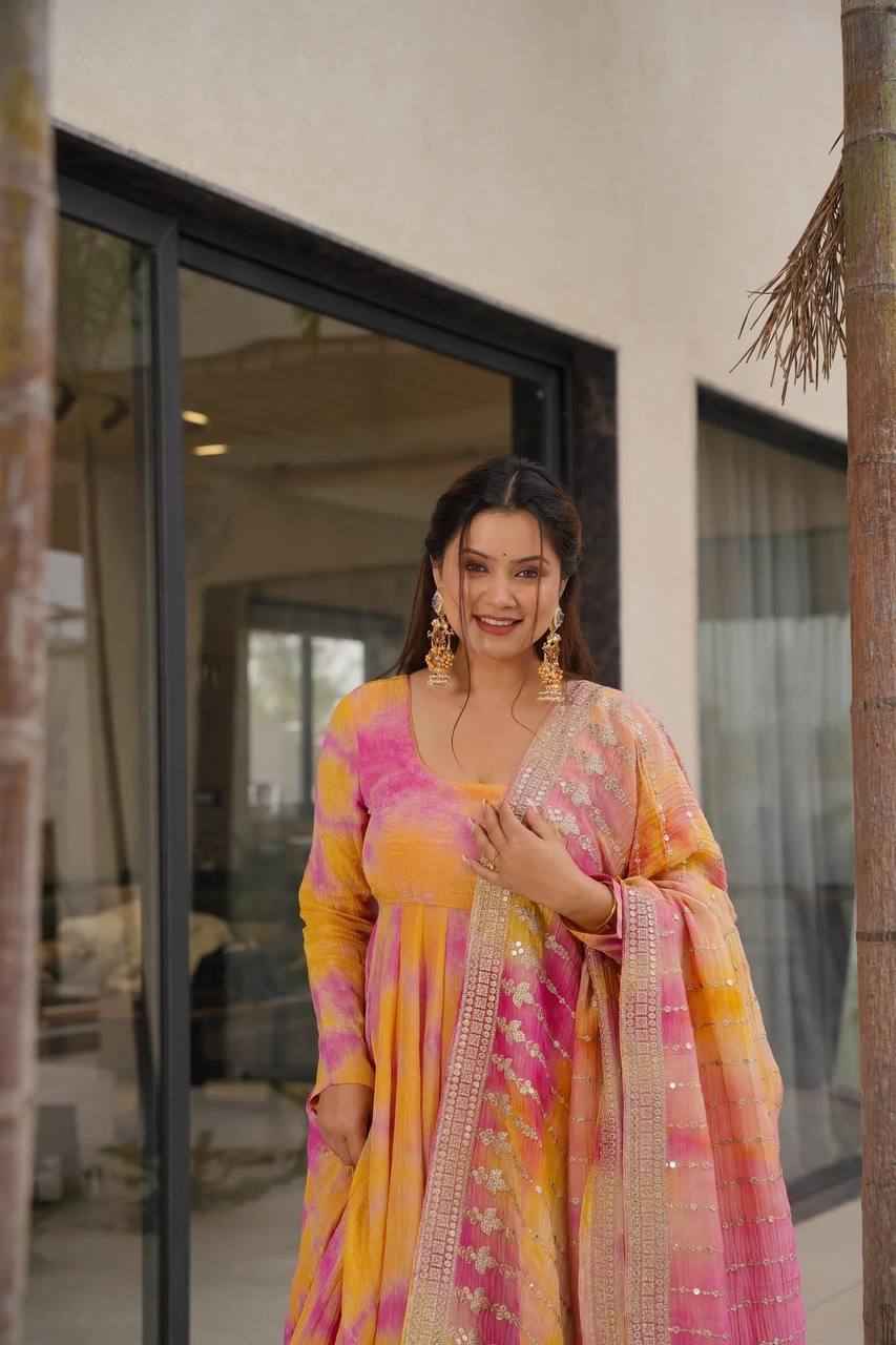 Aarohi Multicolor Anarkali Suit in Pink And Yellow with Heavy Dupatta