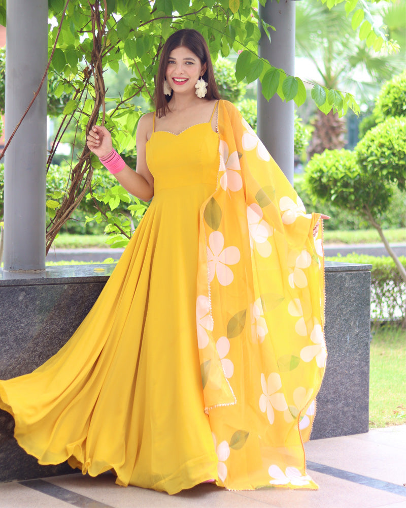 NEON COLOR SOFT GEORGETTE ANARKALI GOWN WITH FLORAL PRINTED DUPATTA