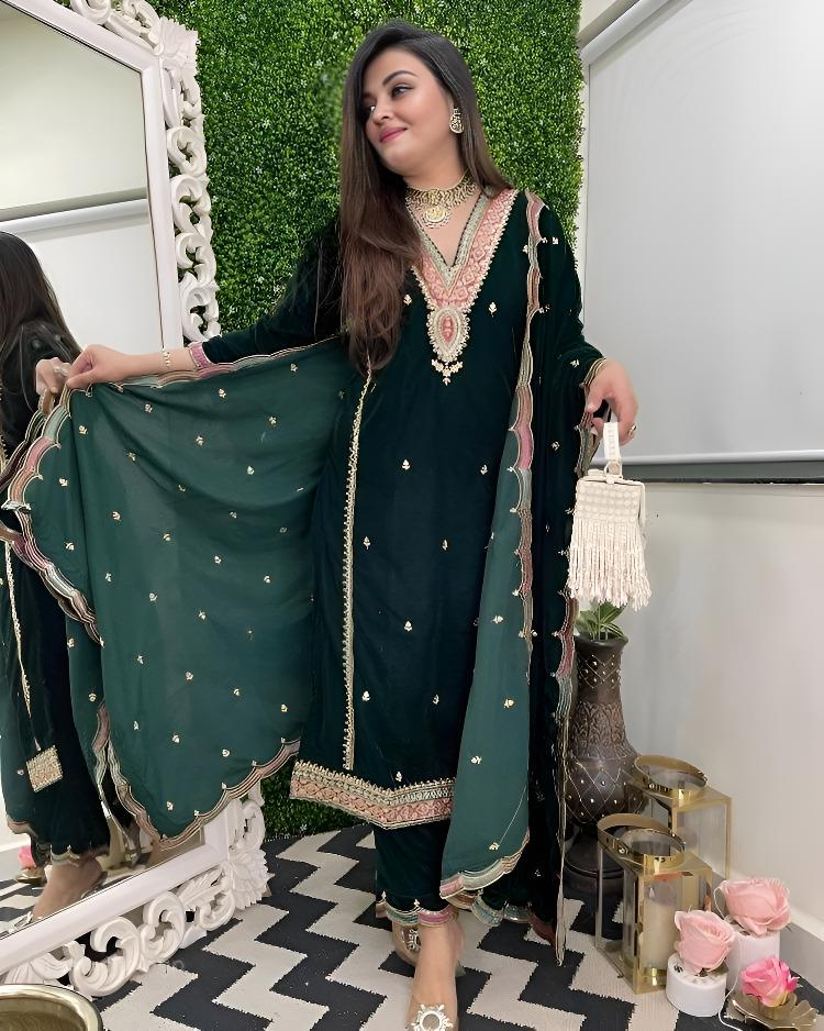 Ready To Wear Wine And Green Pure Velvet Embroidery Work Plazzo Suit With Dupatta