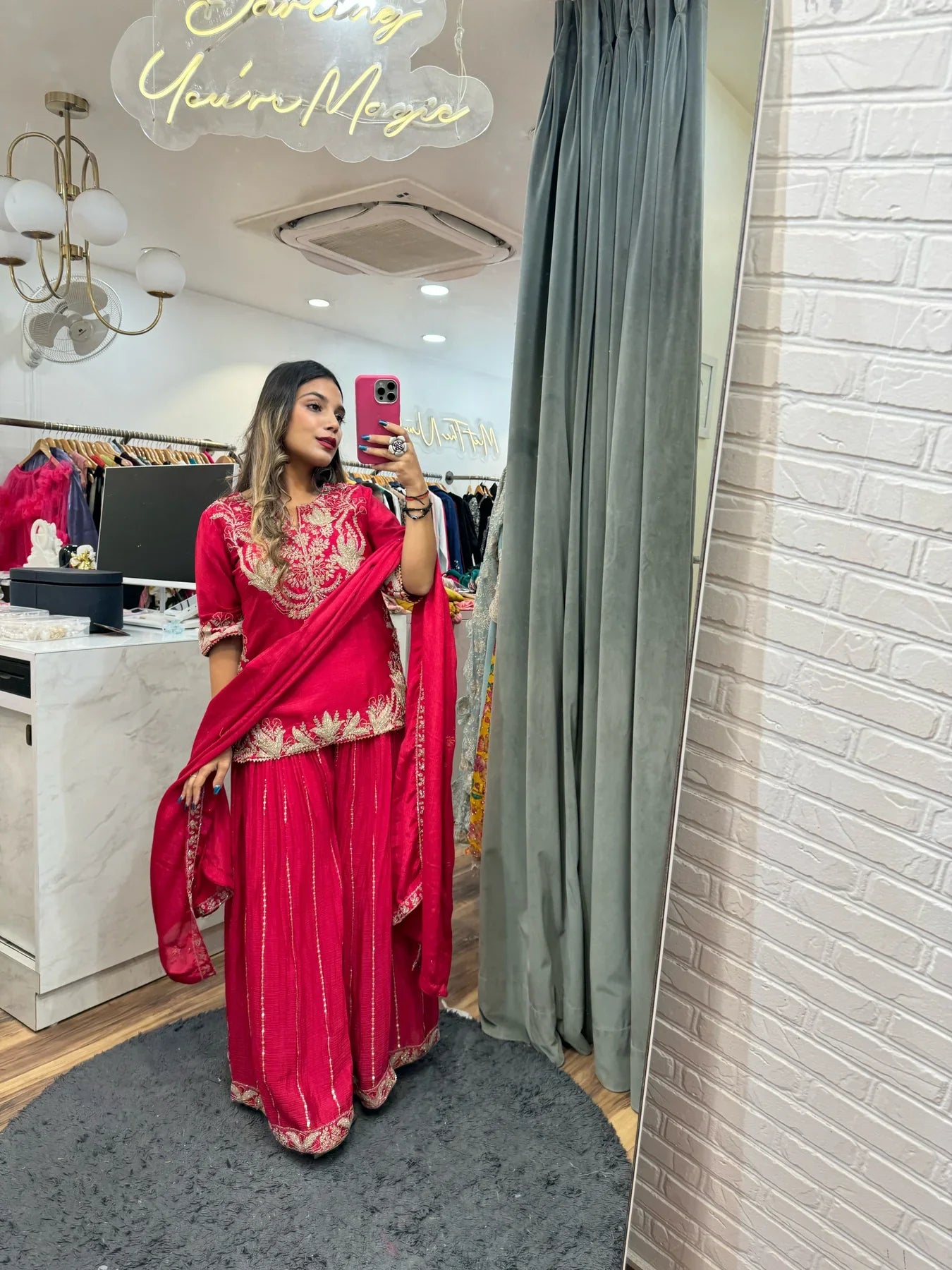 Stunning Dark Pink Sharara Suit with Golden Embroidery for Festive Occasions