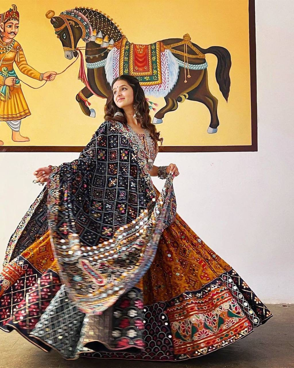 Yellow digital print and mirror work navratri festival lehenga Choli