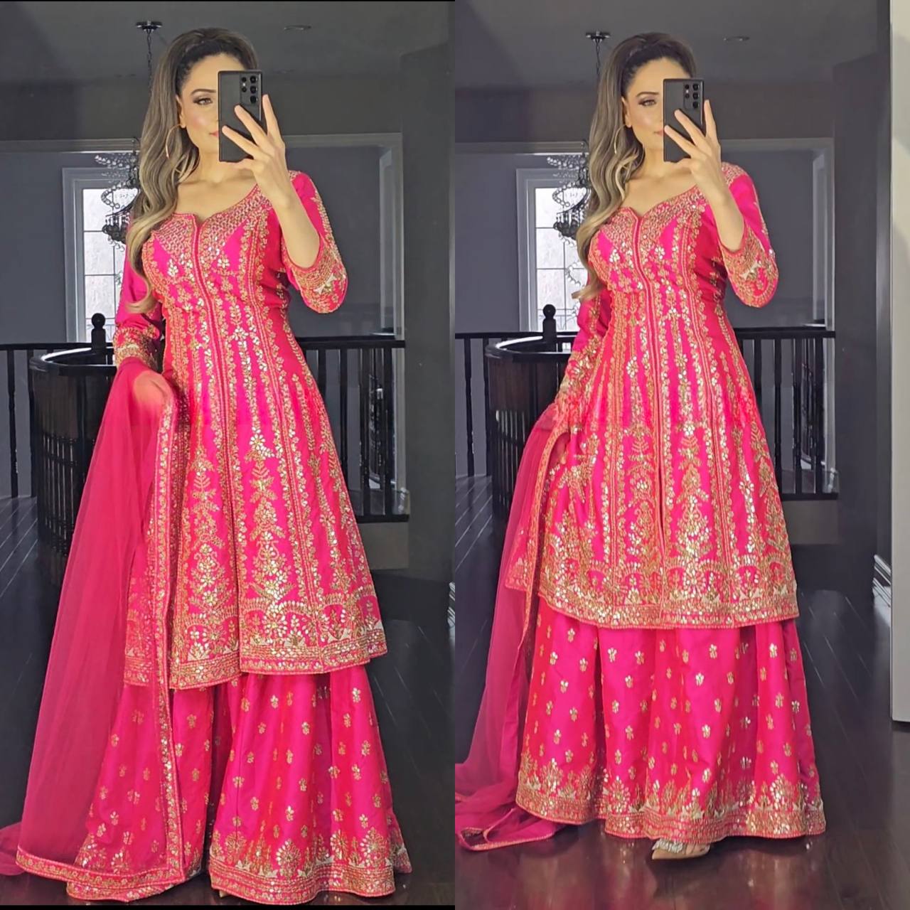 Rani Pink Embroidered New Designer LongTop Plazzo Dupatta Set