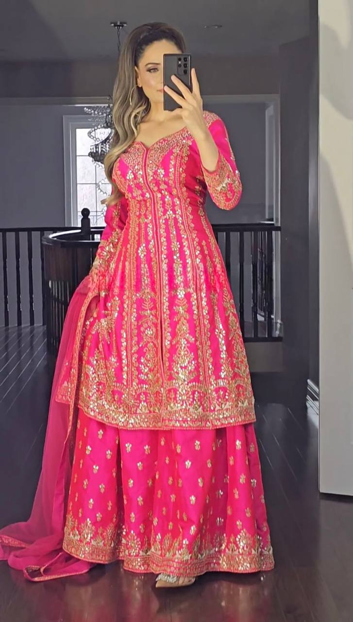 Rani Pink Embroidered New Designer LongTop Plazzo Dupatta Set