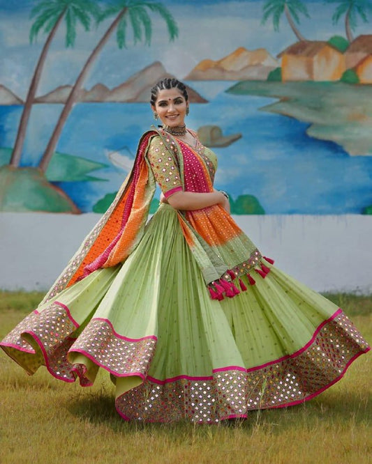 GREEN COLOR  LEHENGA CHOLI  REAL MIRROR WORK WITH DUPATTA
