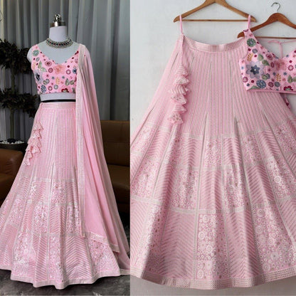 Graceful Baby Pink Embroidered Lehenga Choli with Floral Blouse and Matching Dupatta