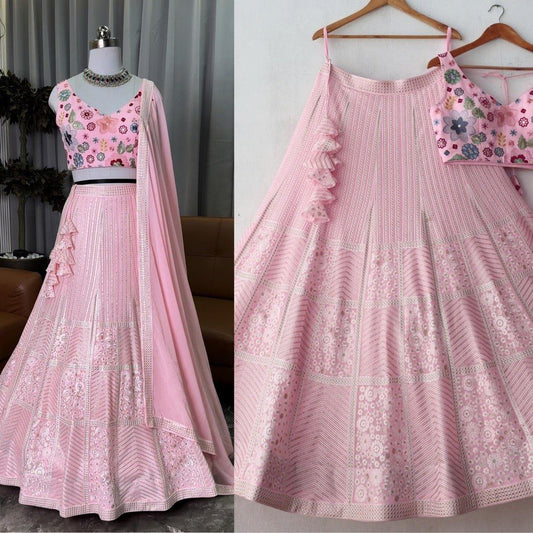 Graceful Baby Pink Embroidered Lehenga Choli with Floral Blouse and Matching Dupatta