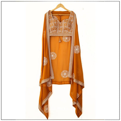 Orange Embroidered Lehenga Choli Set with Traditional White Threadwork and Matching Dupatta