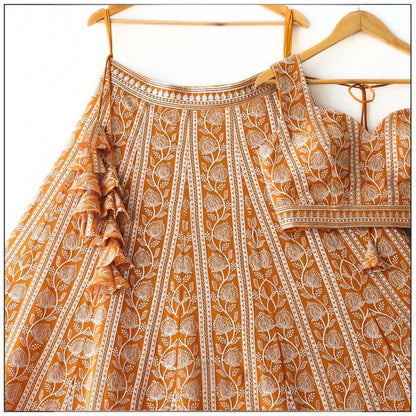 Orange Embroidered Lehenga Choli Set with Traditional White Threadwork and Matching Dupatta