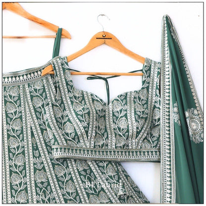 Elegant Green Embroidered Lehenga Choli Set with Traditional White Threadwork and Matching Dupatta